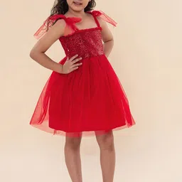 a.t.u.n. A T U N Girls Red Sequins Embellished Tie-Up Dress image 5