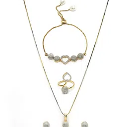 DressBerry Gold-Plated Cubic Zirconia-Studded & Beaded Heart Shaped Jewellery Set image 2