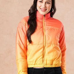 ANWAIND Orange Colourblocked Mock Collar Long Sleeves Lightweight Crop Padded Jacket-picture-34