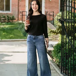 Harvard Women Navy Blue Wide Leg Light Fade Stretchable Cropped Jeans-picture-16