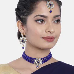 Peora Blue & White Gold-Plated Kundan-Studded Pearl Handcrafted Jewellery Set-image-84
