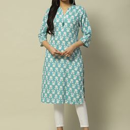 Rangriti Floral Printed Roll-Up Sleeves Mandarin Collar Cotton Kurta-picture-41