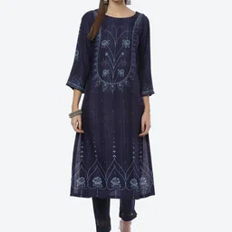 Biba Women Navy Blue Ethnic Printed Kurta-picture-34
