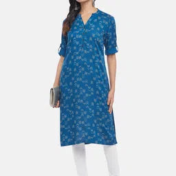 RANGMANCH BY PANTALOONS Women Blue Geometric Printed Rolled-up Sleeves Kurta-picture-24