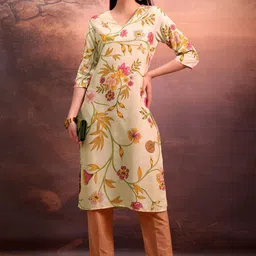 Vishudh Beige Floral Printed V-Neck Straight Kurta-picture-15