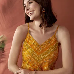 Anouk Mustard Yellow Bandhani Printed Shoulder Straps Straight Kurta image 2