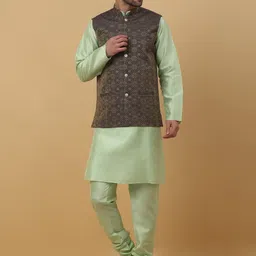 KRAFT INDIA Mandarin Collar Long Sleeves Regular Kurta With Churidar & Nehru Jacket image 1