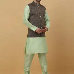 KRAFT INDIA Mandarin Collar Long Sleeves Regular Kurta With Churidar & Nehru Jacket image 4