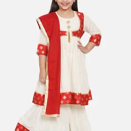 Little Bansi Girls Cream-Coloured & Red Pleated Kurti with Sharara & With Net Dupatta-image-30