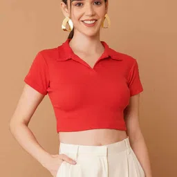 Chemistry Women Ribbed Shirt Collar Cotton Fitted Crop Top-picture-19
