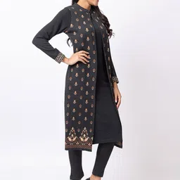 KEIKO Floral Woven Design Mandarin Collar Straight Kurta with Trousers image 3