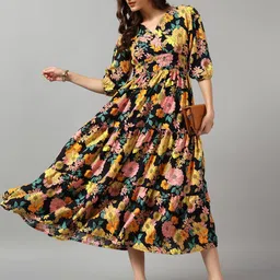 Raiyani Fashion Floral Printed V-Neck Gathered Or Pleated Casual A-Line Midi Dress-image-20