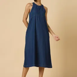 Chemistry Women Solid Round Neck Denim A-Line Midi Dress-image-21