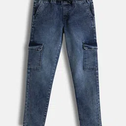 Urbano Juniors Boys Mid-Rise Heavy Fade Stretchable Washed Denim Cargo Jeans-picture-19