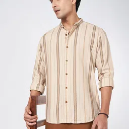 7 Alt by Pantaloons Men Mandarin Collar Vertical Striped Cotton Relaxed Fit Casual Shirt-picture-31