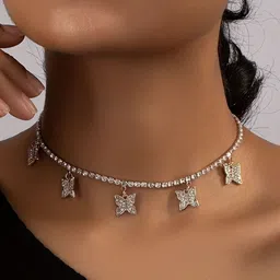 Vembley Women White & Gold-Plated Zirconia Studded Butterfly Charm Alloy Choker Necklace-picture-33