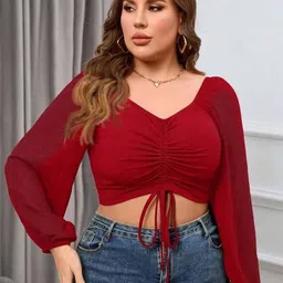 CURVE BY KOTTY Women Plus Size Puff Sleeves Fitted Crop Top With Ruched Details-picture-7