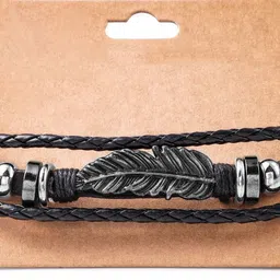 Roadster Men's Leather Bracelet with Feather Charm and Braided Detailing image 4