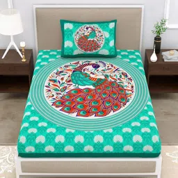 DHANOTA Teal & Brown Ethnic Motifs 160 TC Single Bedsheet with 1 Pillow Covers-image-16