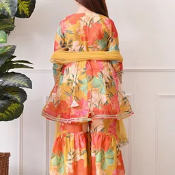 Indi-Loom Couture Girls Floral Printed Angrakha Kurta with Sharara & With Dupatta image 4