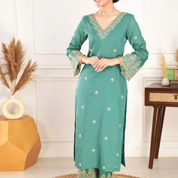 Vastukala Women Embroidered Regular Thread Work Kurta with Trousers & With Dupatta image 5