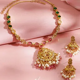 Rubans 22K Gold Plated Cubic Zirconia Studded And Pearls Beaded Temple Jewellery Set image 5