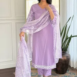 HERE&NOW Women Embroidered Regular Chikankari Kurta with Trousers & With Dupatta image 4