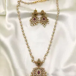 Rujve Jewellery Gold Plated Cubic Zirconia Studded & Beaded Traditional Jewellery Set image 3