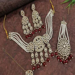 SGA FASHION Gold-Plated Artificial Stones Studded & Pearls Beaded Jewellery Set-picture-34