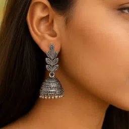 Stylish Oxidized Silver Leaf Design Jhumka Earrings for Women Diamond Alloy Stud Earring, Drops & Danglers, Jhumki Earring-image-18