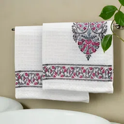 Peepul Tree White & Pink 2 Pieces Printed Cotton 300 GSM Hand Towels-image-73