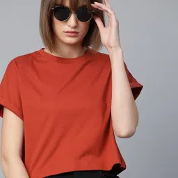 roadster Women Solid Round Neck Pure Cotton Brown T-Shirt-picture-19