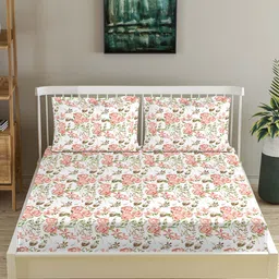 Trance Home Linen Red Floral 180 TC Cotton Fitted King Bedsheet with 2 Pillow Covers image 1