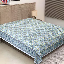 INDHOME LIFE Yellow & Blue Floral 260 TC Pure Cotton Single Bedsheet image 1