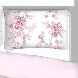 Signature White & Pink Floral Cotton 210 TC King Bedsheet With 2 Pillow Covers image 2