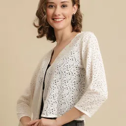 unaone Women Lace 3/4th Sleeve White Shrug image 3