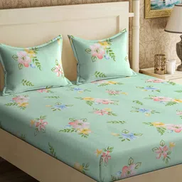 KLOTTHE Green & Pink Floral Printed 300TC Double King Bedsheet & 2 Pillow Covers-image-92