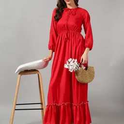 Raiyani Enterprise Women Tiered Solid Tie-Up Neck Casual Dress-image-70