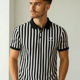 WILD ELEPHANT Men Striped Polo Collar Slim Fit T-shirt image 1