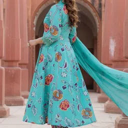 Indo Era Floral Printed Tiered Mirror Work Pure Cotton Kurta With Trousers & Dupatta image 2