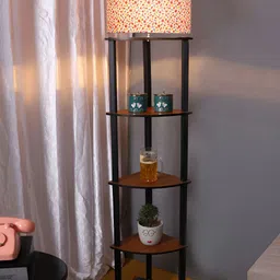 Devansh White Printed Cotton Wooden Floor Lamp With Shelves image 2