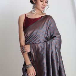 Janasya Ethnic Motifs Zari Woven Design Banarasi Saree with Blouse Piece-picture-43