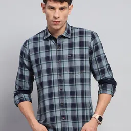 Monte Carlo Men Spread Collar Tartan Checked Cotton Slim Fit Casual Shirt-image-23