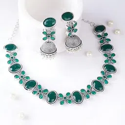 ORANGENYSHA Silver-Plated Stone Studded & Beaded Necklace and Earrings-picture-40