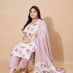 KALINI Floral Printed Pure Cotton Straight Kurta With Trousers & Dupatta image 2