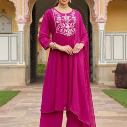 Janasya Women Floral Embroidered A-Line Kurta with Palazzos & Dupatta-picture-21