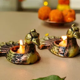 The handicraftian Brown & Yellow 2 Pieces Textured Peacock Designed Candle Holders image 4