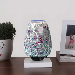 Aura White & Green Textured Glass Lamp With Wood Base image 2