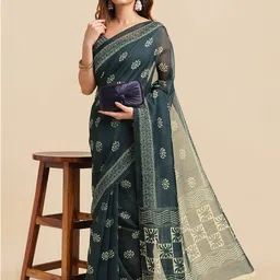 MIRCHI FASHION Navy Blue & Beige Ethnic Motifs Printed Block Print Saree-picture-30