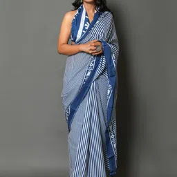 Sanganeri Print Striped Pure Cotton Block Print Saree-picture-42